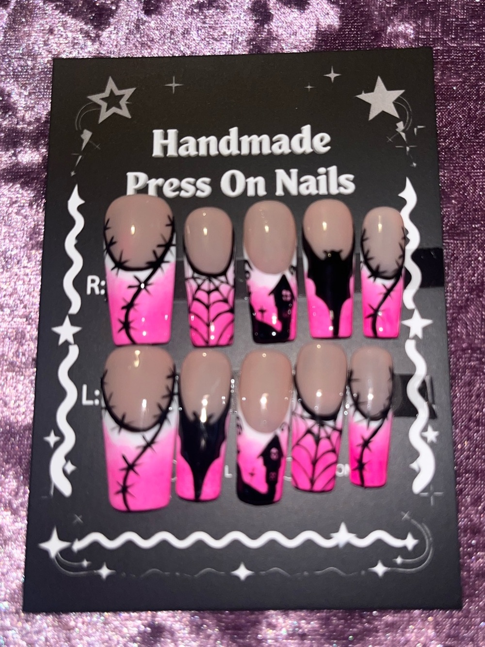 Handmade Press On Nails - Pink Ombre Spiderweb & Black Accent - Unbranded